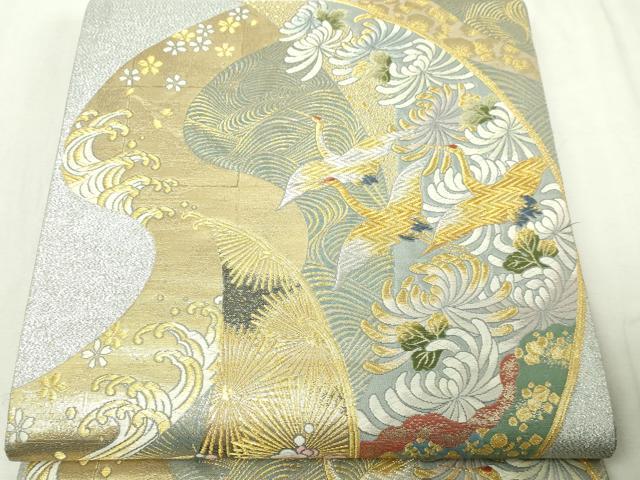 平和屋本店▼六通柄袋帯　唐織　菱菊宝鶴文　本金箔　正絹　逸品　DABE9356sf 平和屋本店▽六通柄袋帯 唐織 菱菊宝鶴文 本金箔