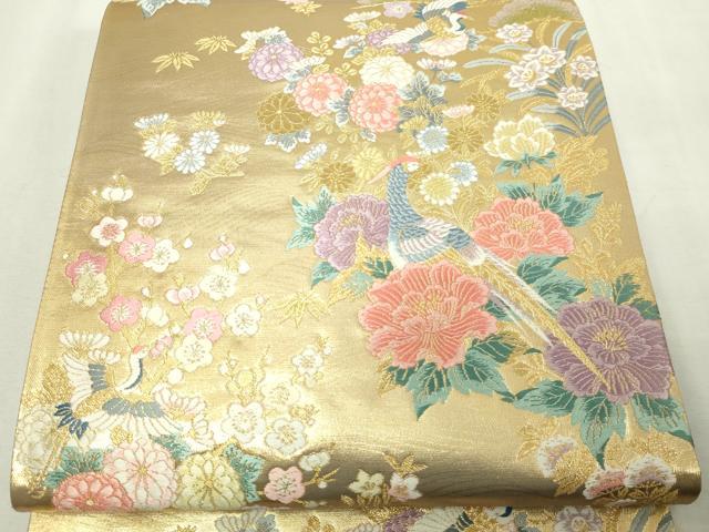 平和屋本店▼六通柄袋帯 唐織 孔雀花鳥文 純金箔二重織 正絹 逸品 DABE9409sf