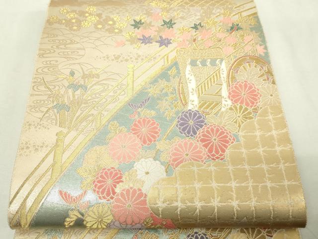 平和屋本店▼六通柄袋帯 唐織 離宮絵巻文 純金二重箔 正絹 逸品 DABE9419sf