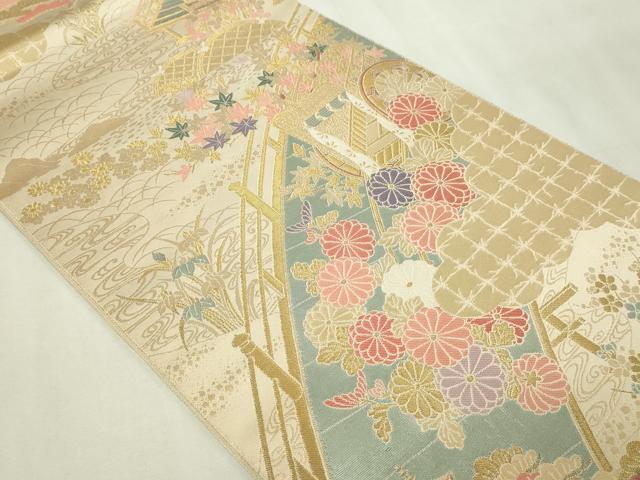 平和屋本店▼六通柄袋帯 唐織 離宮絵巻文 純金二重箔 正絹 逸品 DABE9419sf