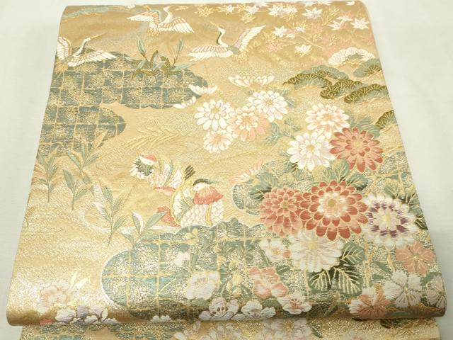 平和屋本店▼六通柄袋帯 飛鶴花松文 本金箔二重 正絹 逸品 DABE9421sf