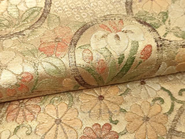 平和屋本店▼六通柄袋帯 扇面取能衣花文 漆金慴箔 正絹 逸品 DABE9425sf