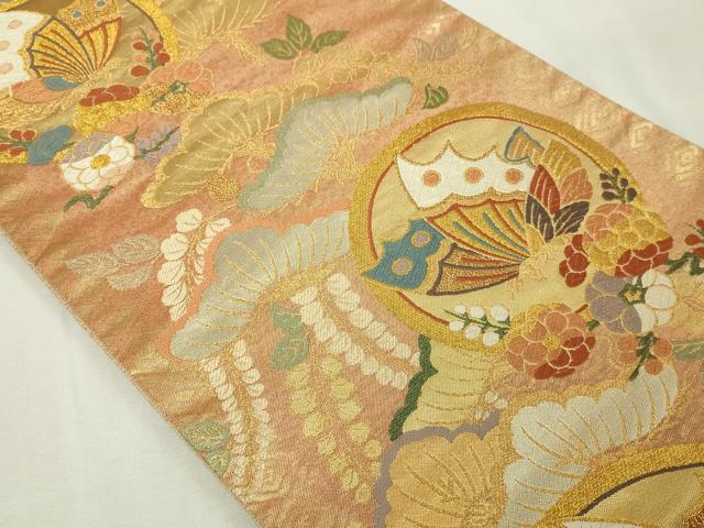 平和屋本店▼六通柄袋帯 唐織 花蝶丸文 鏡金 正絹 逸品 DABE9429sf