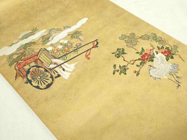 平和屋本店▼太鼓柄袋帯 群れ鶴御所車花文 沈金箔 正絹 逸品 DABE9450sf