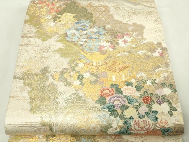 平和屋本店▼六通柄袋帯 風景飛鶴文 九百本金弐重織 正絹 逸品 DABE9474sf