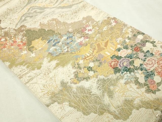 平和屋本店▼六通柄袋帯 風景飛鶴文 九百本金弐重織 正絹 逸品 DABE9474sf