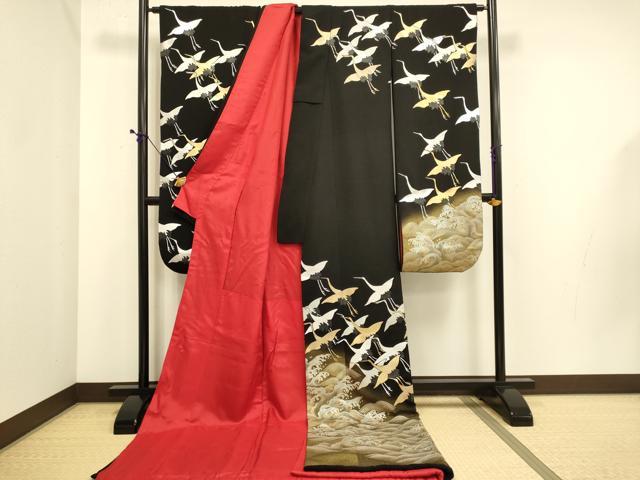 平和屋本店●お引きずり・お引き摺り・引き振袖 結婚式 和装 衣装 舞妓 芸妓 芸者 黒地 立波飛鶴文 鬼しぼ縮緬 金銀彩 DABE9578du