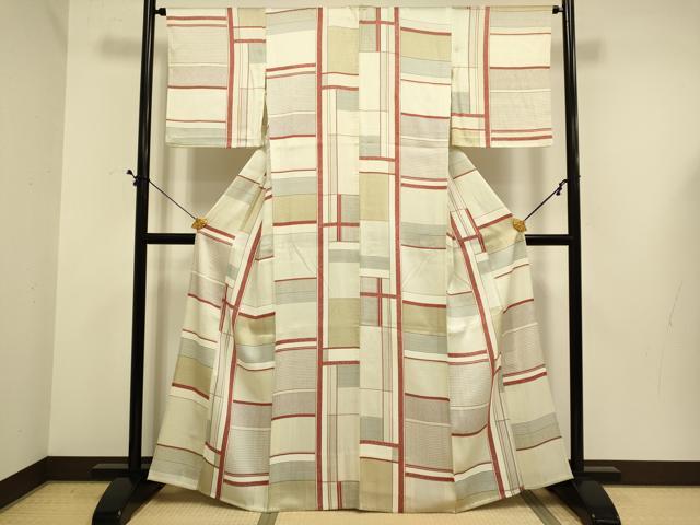 平和屋着物▽上質な小紋 単衣 格子柄 正絹 逸品 DABE9749du