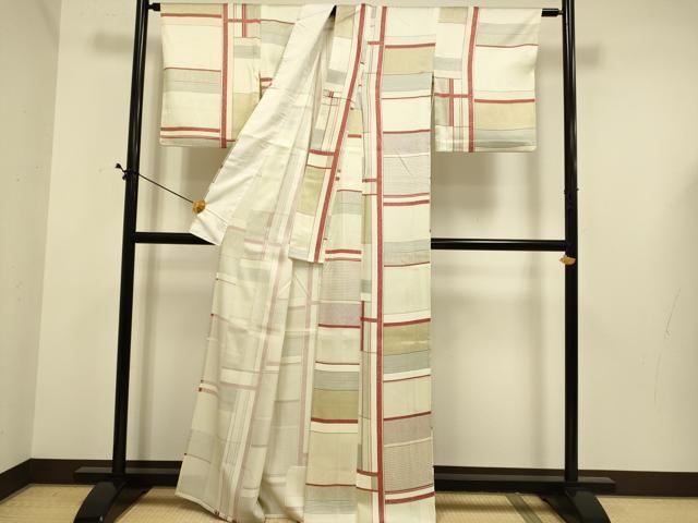平和屋着物▽上質な小紋 単衣 格子柄 正絹 逸品 DABE9749du