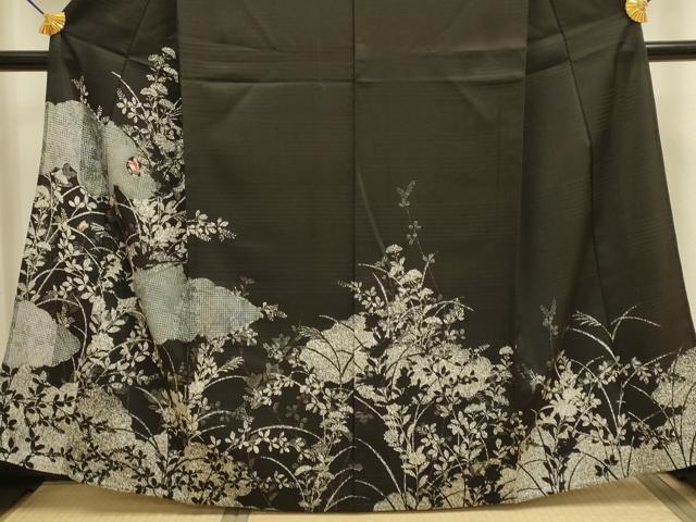 平和屋着物▽訪問着 単衣 駒刺繍 花蝶文 黒地 正絹 逸品 DABE9793du