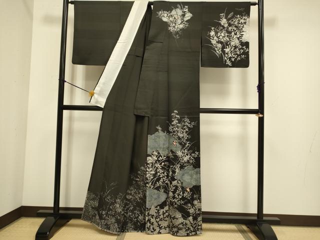 平和屋着物▽訪問着 単衣 駒刺繍 花蝶文 黒地 正絹 逸品 DABE9793du