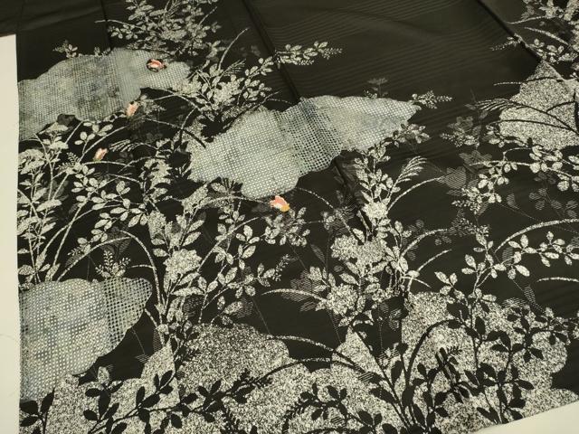 平和屋着物▽訪問着 単衣 駒刺繍 花蝶文 黒地 正絹 逸品 DABE9793du