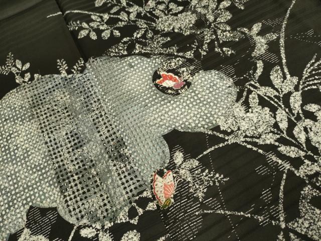 平和屋着物▽訪問着 単衣 駒刺繍 花蝶文 黒地 正絹 逸品 DABE9793du