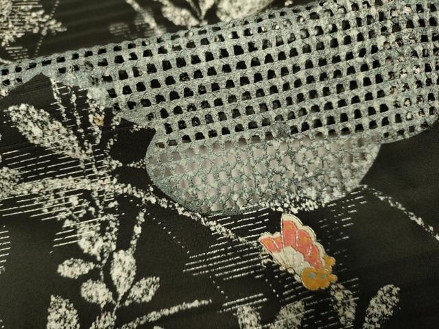 平和屋着物▽訪問着 単衣 駒刺繍 花蝶文 黒地 正絹 逸品 DABE9793du