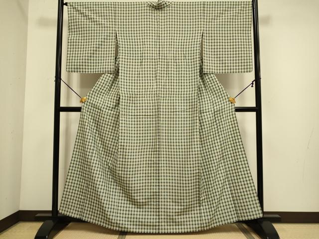 平和屋着物▽上質な紬 単衣 花織 格子柄 正絹 逸品 DABE9799du