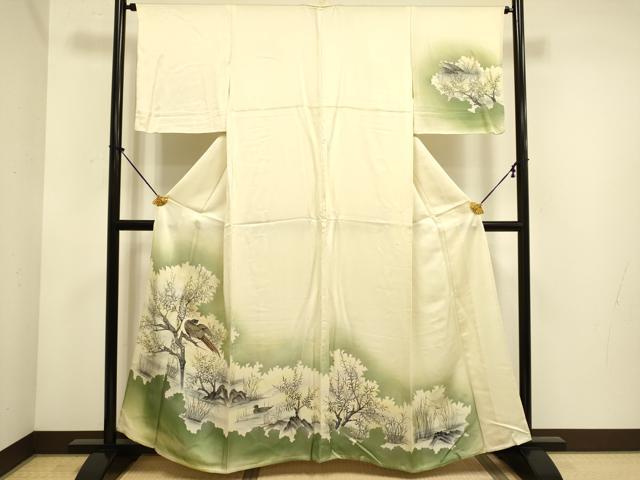 平和屋着物▽訪問着 単衣 手描き 尾長鳥鴛鴦文 暈し染め 正絹 逸品 DABE9833du