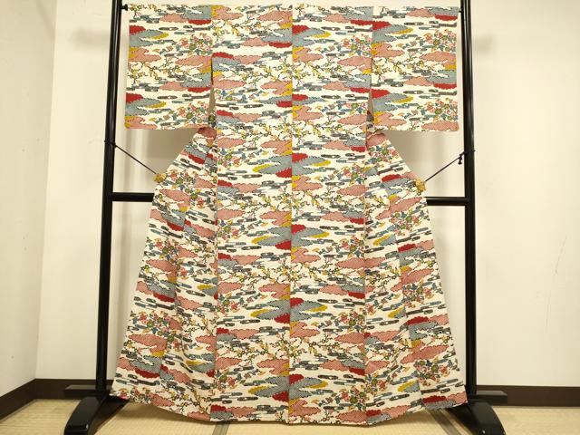 平和屋着物▽上質な小紋 単衣 型染 枝花文 正絹 逸品 DABE9839du
