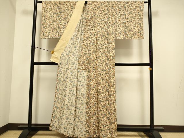 平和屋着物▽上質な小紋 単衣 型染 草花文 正絹 逸品 DABE9858du