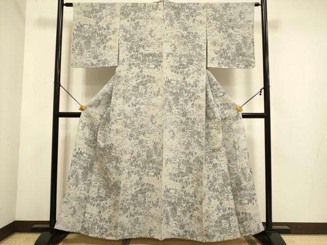 平和屋着物▽上質な小紋 単衣 人物風景文 金彩 鬼しぼ縮緬 正絹 逸品 未使用 DABE9864du