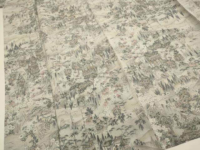 平和屋着物▽上質な小紋 単衣 人物風景文 金彩 鬼しぼ縮緬 正絹 逸品 未使用 DABE9864du