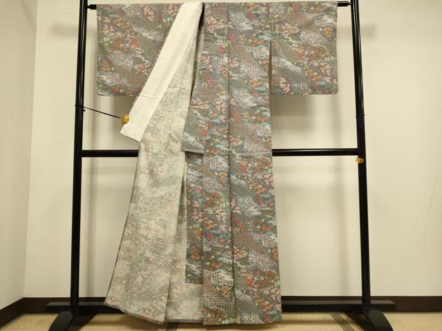 平和屋着物▽上質な小紋 単衣 紬地 京友禅 御所車吉祥風景文 反端付き 正絹 逸品 DABE9871du
