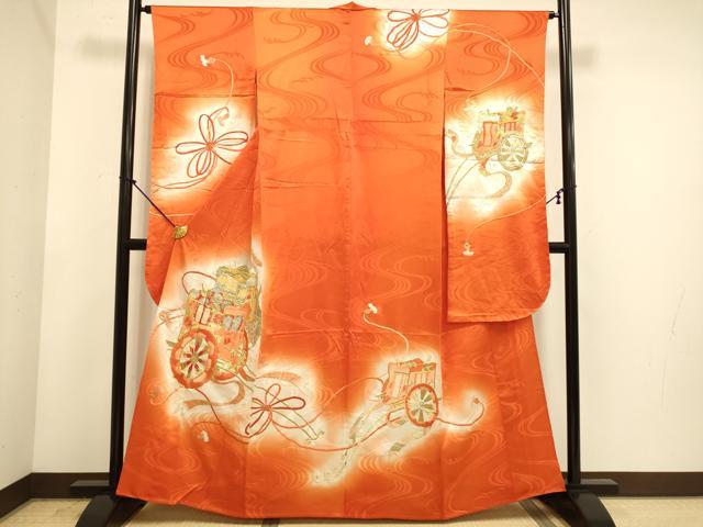 平和屋着物▽豪華振袖 単衣 駒刺繍 総刺繍 御所車花文 暈し染め 金銀糸 正絹 逸品 DABE9885du