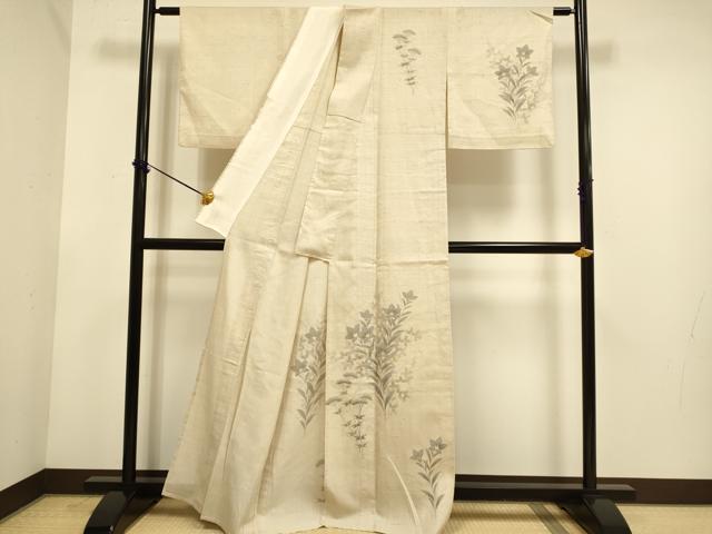 平和屋着物▽訪問着 単衣 生紬 草花文 反端付き 正絹 逸品 DABE9904du