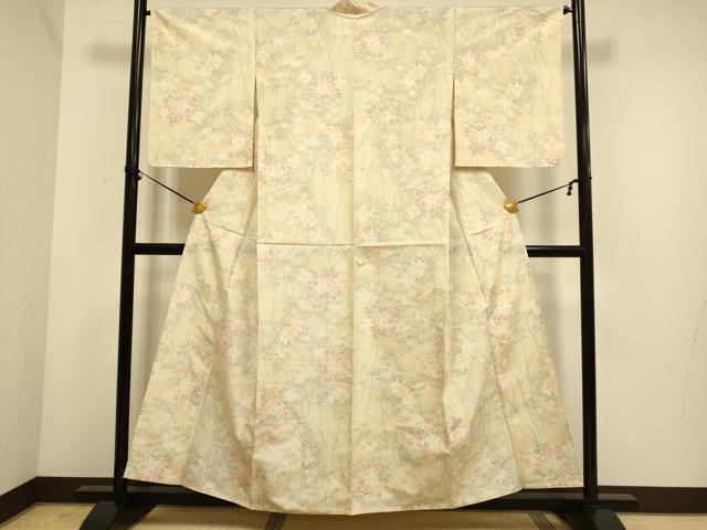 平和屋着物▽上質な紬 単衣 草花文 正絹 逸品 DABE9907du