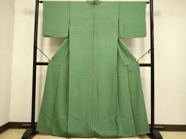 平和屋着物▽上質な色無地 単衣 濃い柳染色 正絹 逸品 DABE9966du