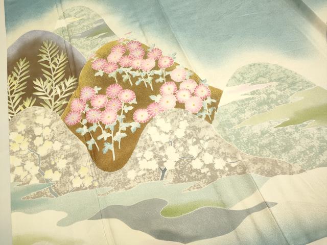 平和屋着物▽東京手描友禅 安達雅一 訪問着 単衣 重ね山花文 暈し染め 金彩 正絹 逸品 DABE9987du