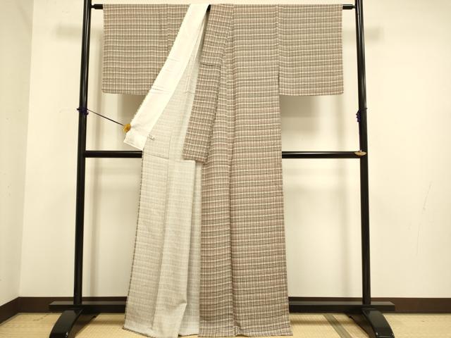 平和屋着物▽上質な小紋 単衣 格子柄 正絹 逸品 DABE9997du