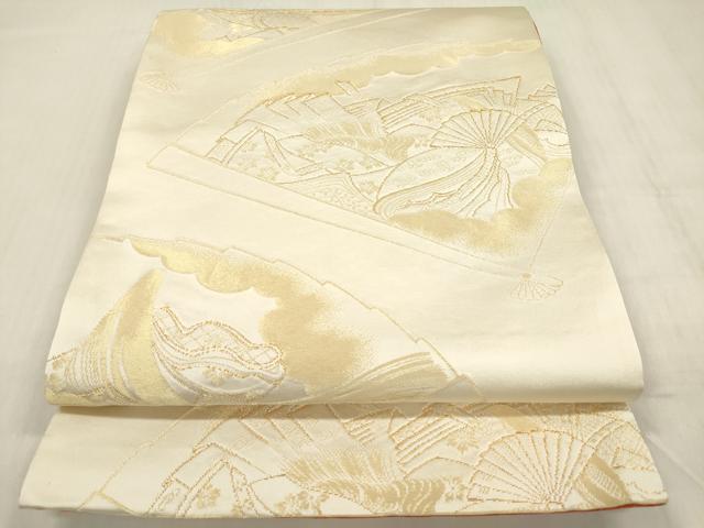 平和屋着物◎両面 全通柄袋帯 女人檜扇文 金糸 正絹 逸品 DABF0034ea