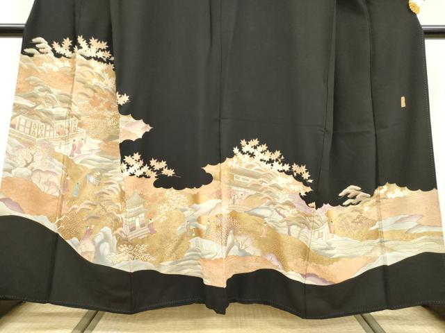 平和屋着物■豪華黒留袖 作家物 駒刺繍 風景花松文 金彩 正絹 逸品 DABF0088ea