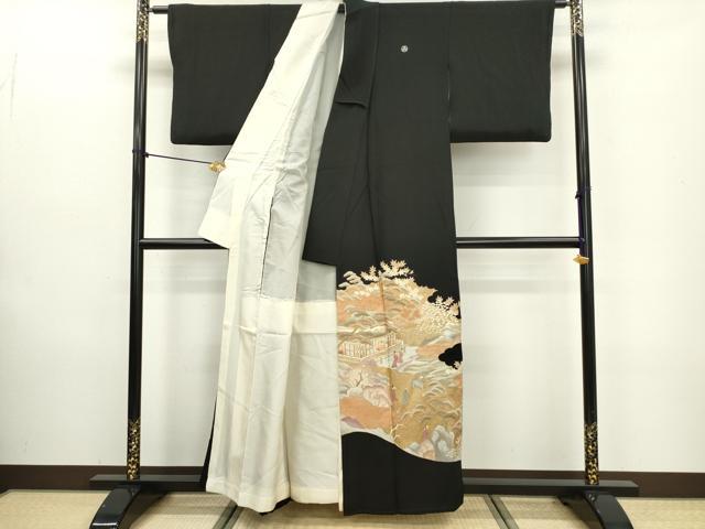 平和屋着物■豪華黒留袖 作家物 駒刺繍 風景花松文 金彩 正絹 逸品 DABF0088ea