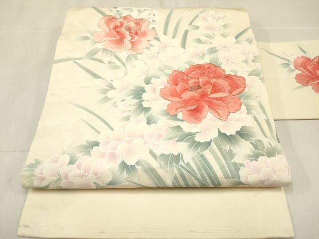 平和屋着物◎九寸名古屋帯 刺繍 牡丹花文 銀糸 正絹 逸品 DABF0161ea