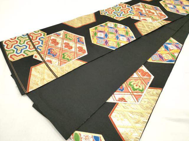 平和屋着物◎六通柄袋帯 唐織 亀甲桐花文 黒地 金銀糸 正絹 逸品 DABF0175ea