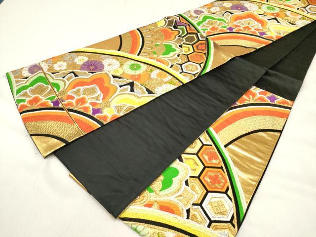 平和屋着物◎六通柄袋帯 唐織 吉祥花文 黒地 金銀糸 正絹 逸品 DABF0179ea