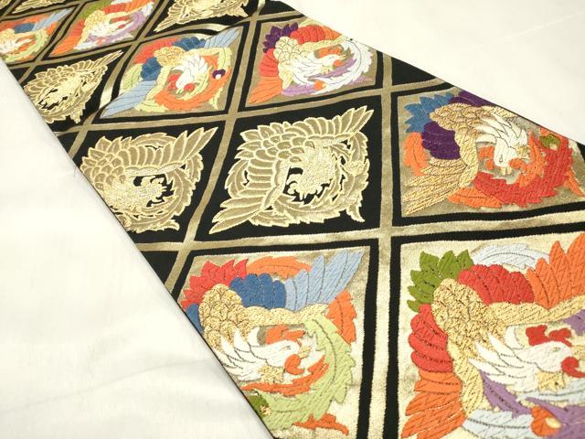 平和屋着物◎六通柄袋帯 唐織 格子鳳凰文 黒地 金銀糸 正絹 逸品 DABF0180ea