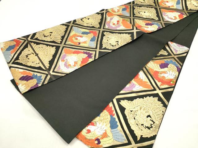 平和屋着物◎六通柄袋帯 唐織 格子鳳凰文 黒地 金銀糸 正絹 逸品 DABF0180ea