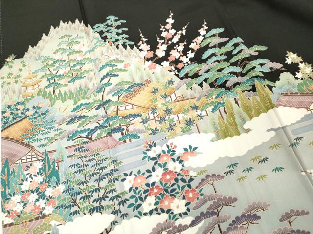 平和屋着物■豪華黒留袖 友禅 作家物 風景花文 松竹梅 正絹 逸品 DABF0199ea