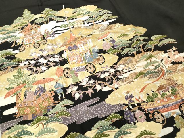 平和屋着物■豪華黒留袖 駒刺繍 人物風景花文 金彩 正絹 逸品 DABF0202ea