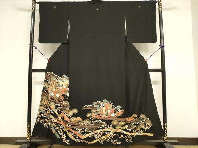 平和屋着物■豪華黒留袖 駒刺繍 御所車花松文 鬘帯 金彩 正絹 逸品 DABF0270ea