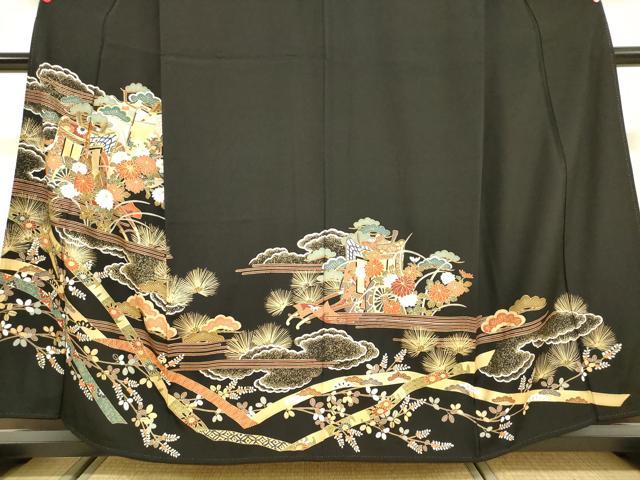 平和屋着物■豪華黒留袖 駒刺繍 御所車花松文 鬘帯 金彩 正絹 逸品 DABF0270ea