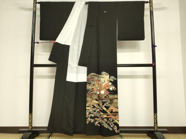 平和屋着物■豪華黒留袖 駒刺繍 御所車花松文 鬘帯 金彩 正絹 逸品 DABF0270ea