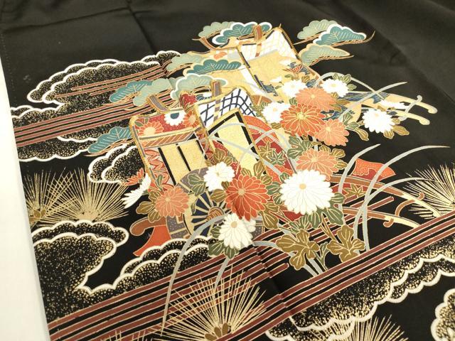 平和屋着物■豪華黒留袖 駒刺繍 御所車花松文 鬘帯 金彩 正絹 逸品 DABF0270ea