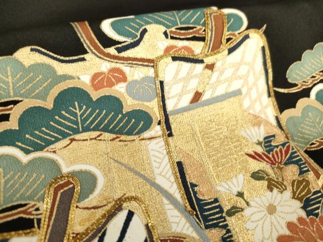 平和屋着物■豪華黒留袖 駒刺繍 御所車花松文 鬘帯 金彩 正絹 逸品 DABF0270ea