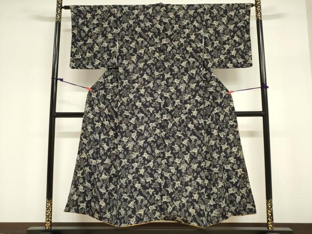 平和屋着物■上質な小紋 笹竹梅文 乱菊 鬼しぼ縮緬 黒地 正絹 逸品 DABF0281ea