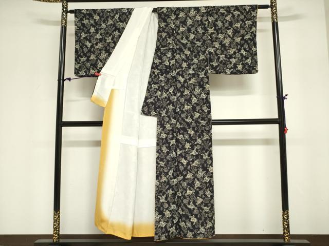 平和屋着物■上質な小紋 笹竹梅文 乱菊 鬼しぼ縮緬 黒地 正絹 逸品 DABF0281ea