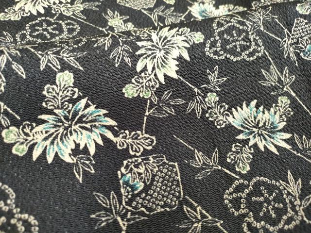 平和屋着物■上質な小紋 笹竹梅文 乱菊 鬼しぼ縮緬 黒地 正絹 逸品 DABF0281ea