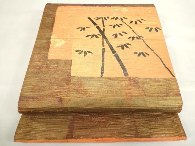平和屋着物◎太鼓柄袋帯 紬地 手描き 笹竹文 正絹 逸品 DABF0317ea